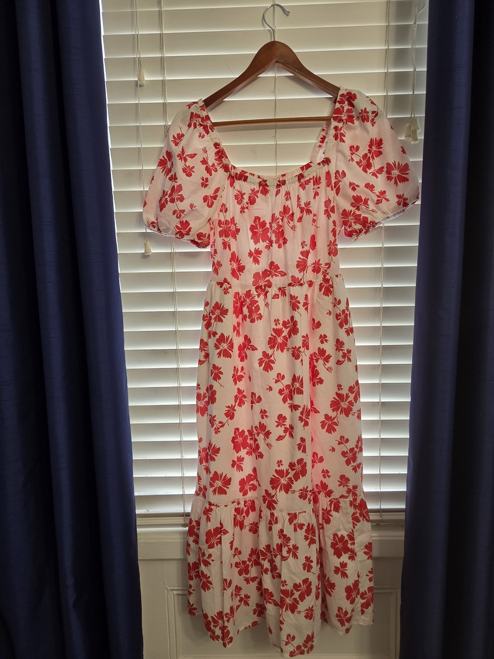 J. Crew White Maxi Dress with Red Floral Print and Puff Sleeves
